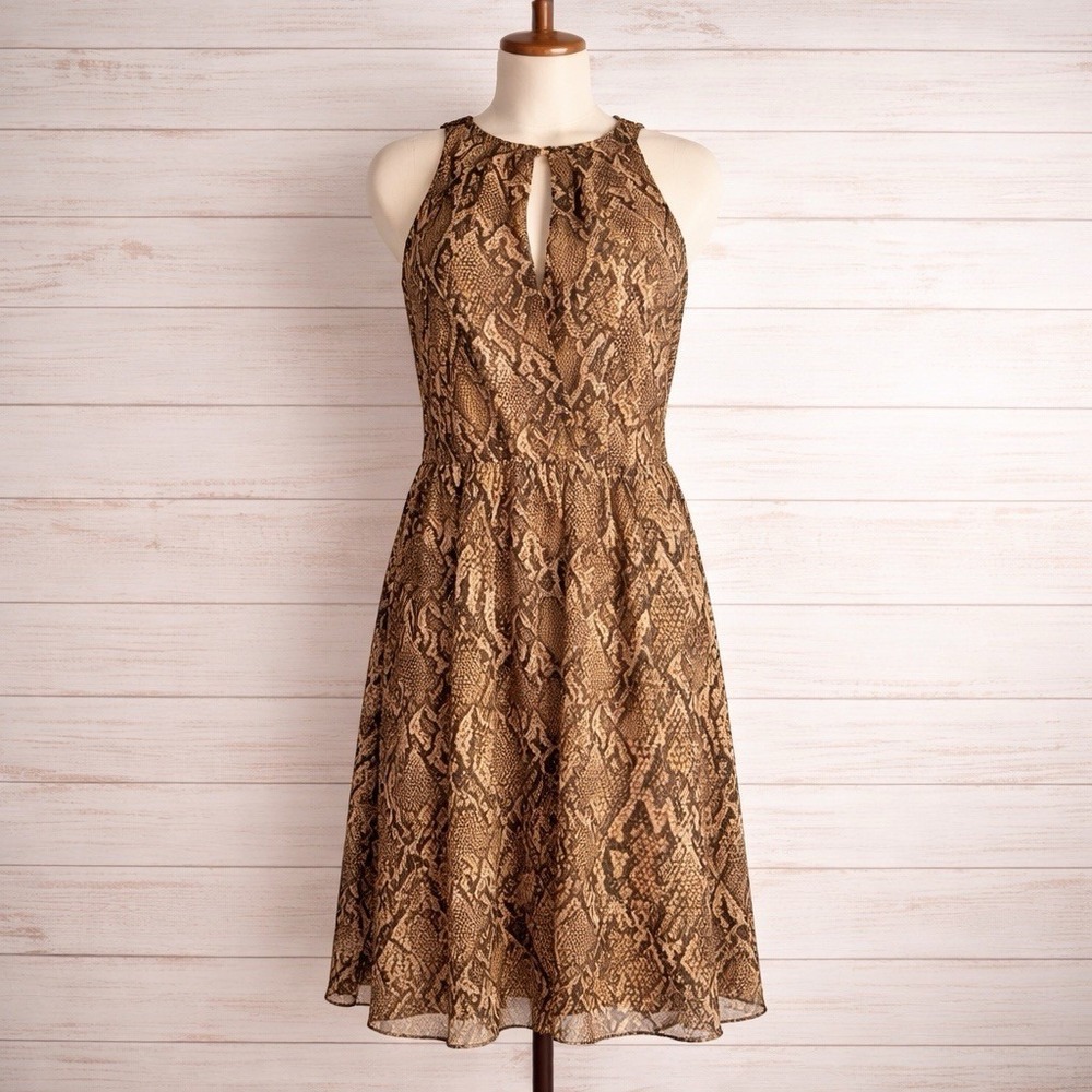 L. Ralph Lauren Brown‎ Snakeskin Chiffon Dress 18 Halter Keyhole A-Line Timeless